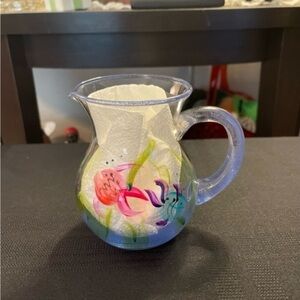 Small Hand Painted Blown Glass Pitcher Applied Handle Creamer W/Tropical Fish.